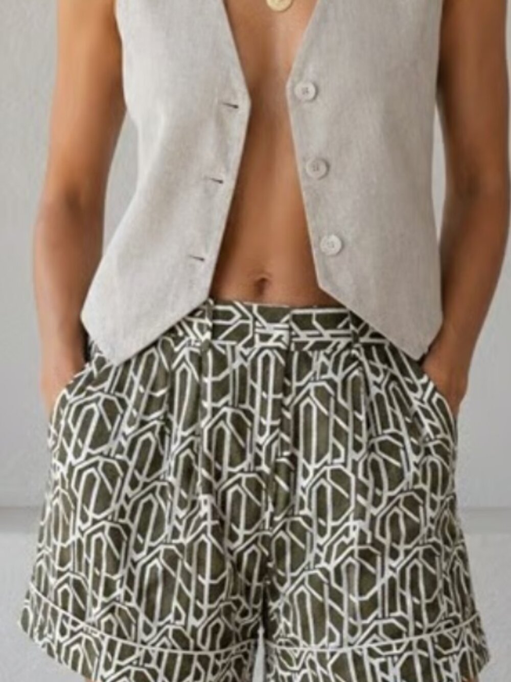 Diane Von Furstenberg Olive Green & White Geometric High-Rise Shorts